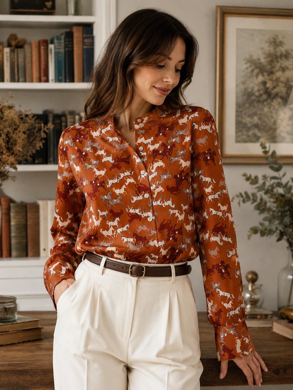 Toujours Toi Family Affairs Horse Print Blouse M Equestrian Designer Swiss